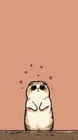 Adorable cartoon Scottish Fold cat with big eyes surrounded by floating hearts on peachy pink background for social media, greeting cards.