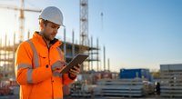 Construction worker in orange safety vest and white hard hat using digital tablet at building site during golden hour sunset with crane in background.