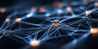 Glowing network connections with orange nodes on dark background illustrate digital transformation and technological advancement in modern business.