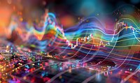 Colorful stock market chart with glowing lines and bokeh effects showing financial data analysis, trading graph patterns and market trends on blurred background.