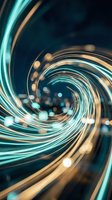 Abstract swirling light trails in turquoise and gold creating dynamic spiral motion with glowing particles and bokeh effects on dark background.