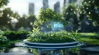 Futuristic garden platform with lush green plants and trees in sunlight against city skyline background, creating magical environmental atmosphere.