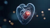 Glowing anatomical heart visualization with red core inside transparent heart-shaped structure against dark background with bokeh lights.