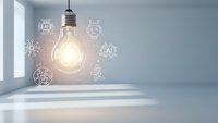 Glowing light bulb with AI and technology icons in modern minimalist room representing artificial intelligence innovation and smart solutions.