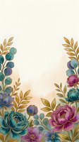 Watercolor floral border with teal and purple peonies, gold leaves on cream background, copy space for wedding or greeting card design.