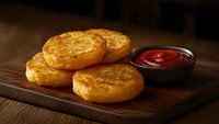Golden crispy potato pancakes served on wooden board with tomato sauce in small bowl, comfort food for breakfast or appetizer.