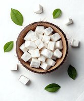 Fresh coconut pieces in natural shell bowl with green leaves scattered on white background, top view composition for healthy eating concept.
