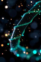 Glowing turquoise particles form elegant waves against dark background with golden bokeh lights, creating magical atmosphere for luxury designs and festive projects.