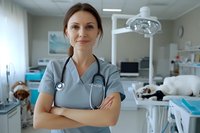 Female healthcare professional with stethoscope standing confidently in modern medical clinic, arms crossed, wearing scrubs in sterile treatment room with surgical equipment and supplies.