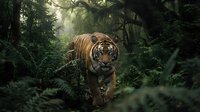 Majestic tiger walking through dense tropical jungle with sunbeams filtering through canopy, showcasing wildlife in natural rainforest habitat.