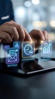 Businessman hands using tablet with digital marketing automation icons including mail merge, autoresponders and subscriber engagement analytics.