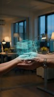 Hands holding glowing holographic architectural wireframe structure in modern office environment with windows and contemporary workspace design.