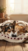 Two adorable corgi puppies sleeping together under cozy knitted blanket with heart pattern in warm sunlit room for pet care and comfort concepts.