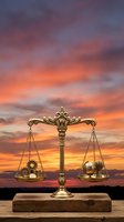 Golden justice scales balancing gears and globe with wheat against dramatic sunset sky, symbolizing industry, trade, and global economic equilibrium.