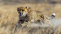 Majestic cheetah running at high speed through dry savanna grassland, showcasing natural hunting behavior and powerful movement in African wildlife habitat.