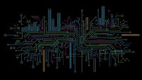 Digital circuit board pattern with city skyline silhouette on black background. Modern technology concept for smart city infrastructure and urban development.