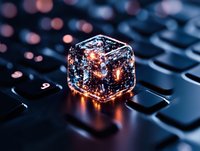 Glowing ice cube with orange light effects on computer keyboard against dark background with bokeh lights, creating futuristic technological atmosphere.