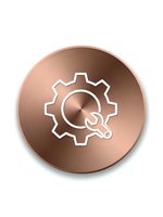 Copper metallic circular button with white gear and wrench icon for maintenance, repair services, technical support, and industrial applications.