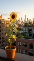 Bright sunflower in orange pot on urban rooftop with city skyline at golden hour, ideal for lifestyle, gardening, and urban living concepts.