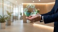 Businessman holding glowing green recycling symbol in modern office lobby promoting environmental sustainability and corporate responsibility.