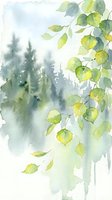 Watercolor painting of green birch leaves hanging over misty forest landscape with soft brushstrokes and natural organic textures for botanical art projects.