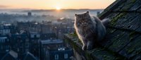 Fluffy orange tabby cat sitting on mossy rooftop overlooking city skyline at golden hour sunset. Urban pet photography with warm atmospheric lighting.
