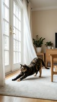 Tabby cat stretching in sunny living room with white curtains and wooden furniture creating cozy domestic atmosphere for pet lifestyle content.