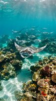 Manta ray gliding gracefully over vibrant coral reef with school of fish in crystal clear tropical waters. Marine life underwater ecosystem scene.