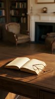 Open book with eyeglasses on wooden desk in sunlit study room with fireplace, bookshelves, and armchair for reading, education, and learning concepts.