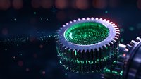 Futuristic gear mechanism with glowing green digital pattern and metallic teeth against dark background with bokeh lights, representing technological advancement.