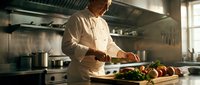 Professional chef preparing fresh vegetables in modern commercial kitchen with stainless steel equipment and natural lighting for culinary food preparation.
