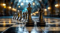 Chess pieces on board with dramatic lighting and bokeh background, black king and rook in focus against blurred pawns, creating atmospheric competitive scene.