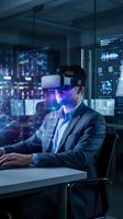 Professional businessman using VR headset in modern office with holographic data visualization and digital interface technology for immersive business analytics.