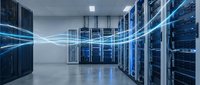 Data center server room with rows of black server racks, blue LED lights, and digital data streams flowing through the space, representing cloud computing and network infrastructure.