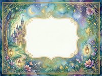 Enchanted fairy tale frame with castle, glowing lanterns, flowers, and crescent moon in watercolor style, featuring blank space for custom text.