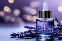 Lavender essential oil dropper bottle with fresh purple flowers on elegant surface with soft bokeh lights background for aromatherapy and wellness.
