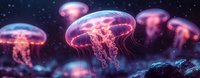 Luminescent jellyfish floating in dark waters, glowing with pink and purple bioluminescence against starry background creating magical underwater scene.