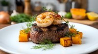 Grilled beef steak topped with seared shrimp, roasted sweet potato cubes, and fresh rosemary garnish on white plate for fine dining restaurant menus.