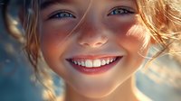 Close up portrait of young smiling woman with bright blue eyes and natural glowing skin in warm sunlight, showing genuine happiness and positive emotions.