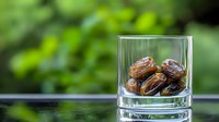 Fresh brown dates in clear glass on reflective surface against blurred green natural background, healthy organic dried fruit snack for ramadan and everyday nutrition.