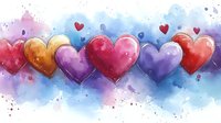 Colorful watercolor hearts in red, purple, and gold float against dreamy blue background with splatter effects, creating romantic Valentine's Day or love themed artwork.