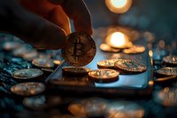 Digital currency concept with golden coins in atmospheric lighting, perfect for finance, technology, and cryptocurrency business presentations and articles.