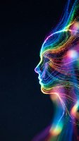 Digital human profile silhouette with flowing rainbow light streams and particles on dark background for technology and AI concepts.