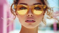 Young woman with curly hair wearing trendy yellow sunglasses against colorful cotton candy background. Fashion portrait for summer lifestyle campaigns.