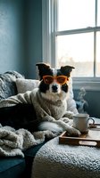 Black and white dog wearing orange sunglasses and knit sweater relaxing by window with hot beverage on cozy windowsill for lifestyle and pet content.