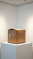 Worn cardboard shipping box with address labels displayed on white pedestal in minimalist gallery space with recessed lighting and neutral walls.