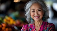Smiling mature Asian woman with silver gray hair wearing vibrant floral blouse in kitchen setting with fresh produce background for lifestyle content.