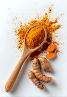 Vibrant turmeric powder in wooden spoon with fresh root and slices on white background, showcasing golden spice for cooking and wellness.