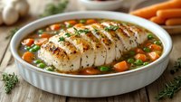 Grilled fish fillet served in white ceramic dish with fresh carrots and green peas in broth, garnished with herbs, close up view of gourmet seafood meal.