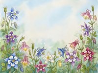 Watercolor columbine flowers border in blue, pink, purple and white with copy space on soft sky background.